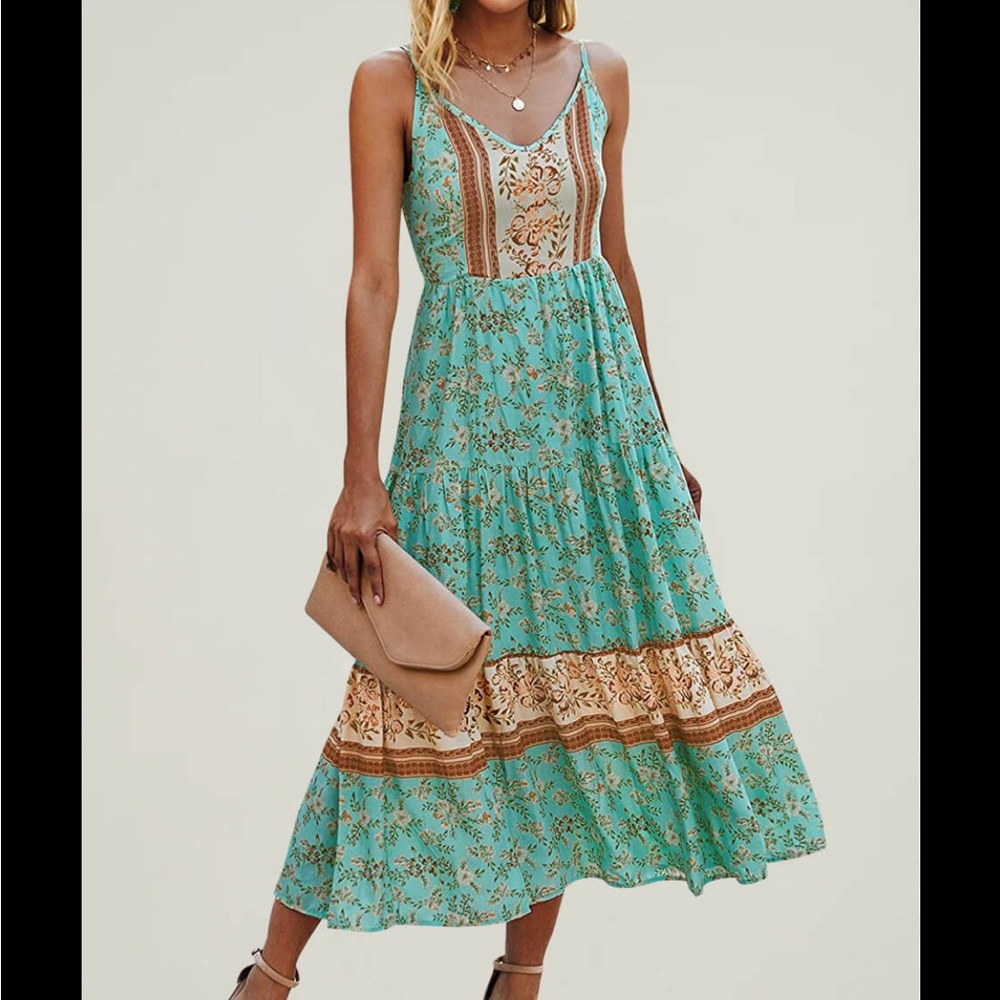Angashion Dress Sz M Floral Adjustable Spaghetti Strap Green Boho Festival
